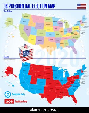 US presidential elections 2020, map of separate US states with the possibility of changing the color of each individual state Stock Vector