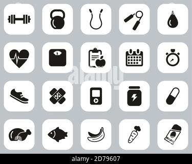 Fitness & Fitness Equipment Icons Black & White Flat Design Set Big Stock Vector
