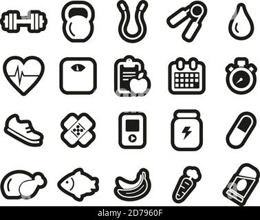 Fitness & Fitness Equipment Icons White On Black Sticker Set Big Stock Vector