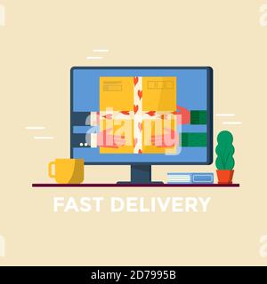 Courier holding in hand parcel ready for fast delivery to the recipient on computer screen. Online delivery service concept. Vector illustration for w Stock Vector