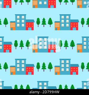 Seamless pattern houses and streets, roofs of building. Cute cityscape colorful background for kids textile, wrapping paper, textile design. Vector ba Stock Vector