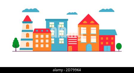 Landscape of Small modern houses facade with window, garage, balcony and roof. Exterior of building apartment with trees. Vector cityscape illustratio Stock Vector