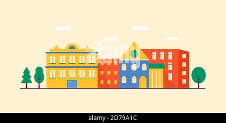 Landscape of Small modern houses facade with window, garage, balcony and roof. Exterior of building apartment with trees. Vector cityscape illustratio Stock Vector