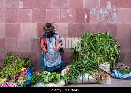 February 24, 2020: Woman wearing traditional clothes and selling petals and vegetables on the street. Potos’, Bolivia Stock Photo