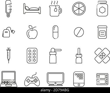 Flue Or Cold Icons Black & White Thin Line Set Big Stock Vector