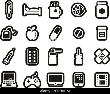 Flue Or Cold Icons White On Black Sticker Set Big Stock Vector