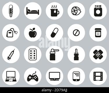 Flue Or Cold Icons Black & White Flat Design Circle Set Big Stock Vector
