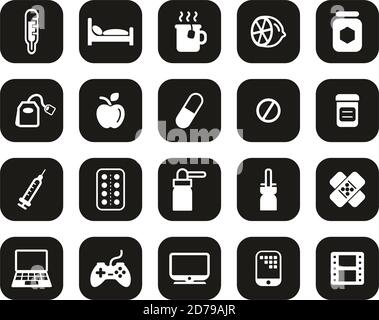 Flue Or Cold Icons White On Black Flat Design Set Big Stock Vector