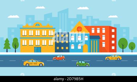 City landscape with cars and small modern houses facade with window, garage, balcony and roof. Exterior of building apartment with trees. Vector citys Stock Vector