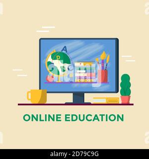 Online education concept. Books and globe on computer screen. Vector template for banner, promo, invitation, ad, landing page Stock Vector