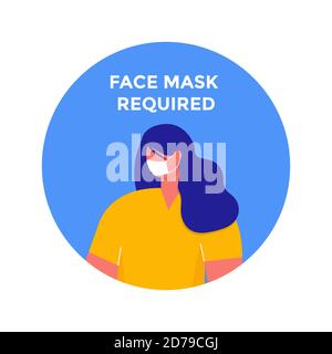 Woman with face mask in rounded frame. Mask required warning prevention sign in circle. isolated vector information picture Stock Vector