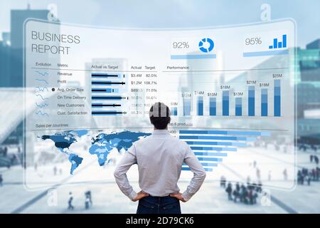 Business report with metrics, performance indicators and charts summarizing sales and profit data compared to targets and market trends. Business exec Stock Photo