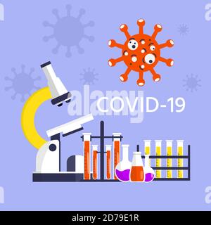 Medical research concept, microscop and blood test, scientist research. Global epidemic or pandemic. Covid-19, coronavirus Disease. virus test. Vector Stock Vector