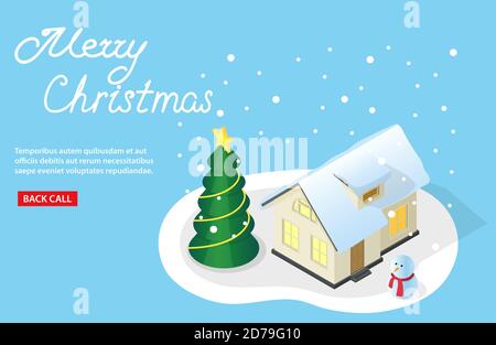 Isometric vector illustration on a Christmas theme beautiful house in a snow and decorated tree by a holiday tree with gifts Stock Vector