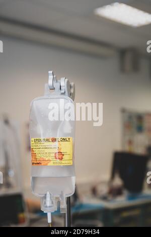 London, United Kingdom. September 29 2020. A bag of bupivacaine and fentanyl being infused into an epidural catheter of a patient in hospital. Stock Photo