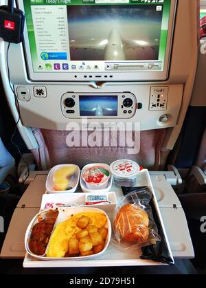 A set of food for a passenger on an Emirates airline flight. Stock Photo