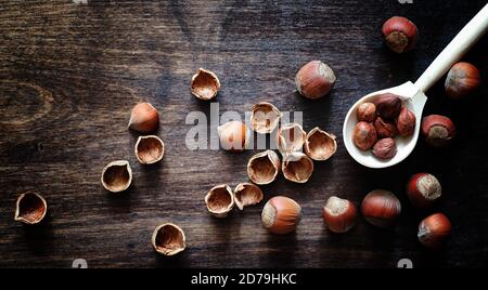 Nuts on a wooden table.Hazelnuts in the shells and shelled. A wooden spoon and nuts on a brown table. Stock Photo