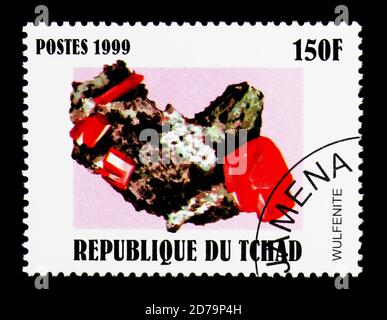 MOSCOW, RUSSIA - DECEMBER 21, 2017: A stamp printed in Chad shows Wulfenite, Minerals serie, circa 2000 Stock Photo