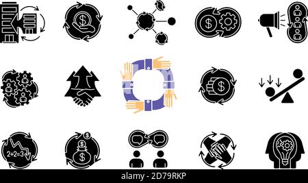 Synergy black glyph icons set on white space Stock Vector