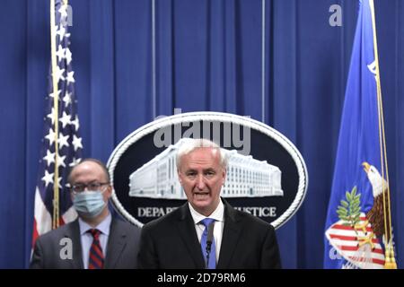 Deputy U.S. Attorney General Jeffrey Rosen announces that Purdue Pharma LP has agreed to plead guilty to criminal charges over the handling of its addictive prescription opioid OxyContin, during a news conference at the Justice Department in Washington, DC on Wednesday, October 21, 2020.     Pool Photo by Yuri Gripas/UPI Stock Photo