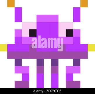 Cute purple space invader monster, game enemy in pixel art style on white Stock Vector