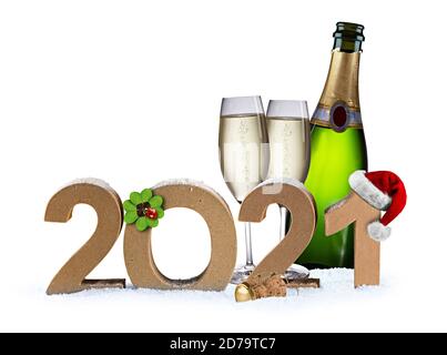 happy new year eve 2021 number  with santa hat four leaf clover champagne bottle glass on snow isolated on white background Stock Photo
