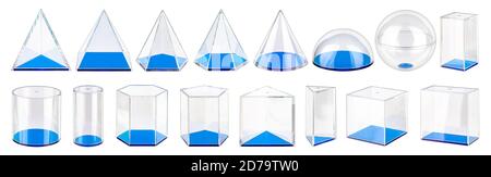 set collection row of various three dimensional acrylic glass solid volumes in various geometrical shapes. Education study physics math geometric conc Stock Photo