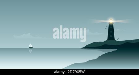 sailboat and lighthouse by the ocean seascape vector illustration EPS10 Stock Vector