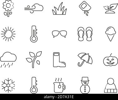 Four Seasons Icons Black & White Thin Line Set Big Stock Vector