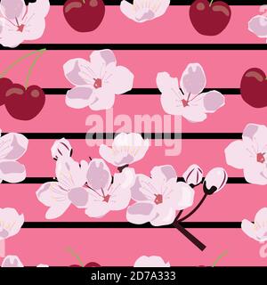 Cherries, Cherry blossom seamless pattern Stock Vector