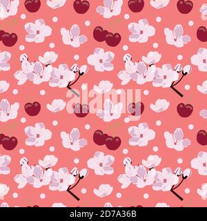 Cherries, Cherry blossom seamless pattern Stock Vector