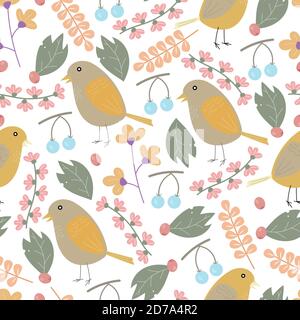 Whimsical plants, berries and birds seamless pattern design Stock Vector