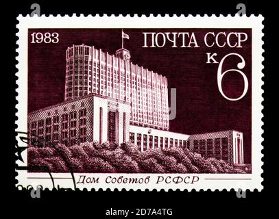 MOSCOW, RUSSIA - NOVEMBER 26, 2017: A stamp printed in USSR (Russia) shows Russian Soviet Federation house, 1981, New Buildings in Moscow serie, circa Stock Photo