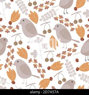 Whimsical plants, berries and birds seamless pattern design Stock Vector