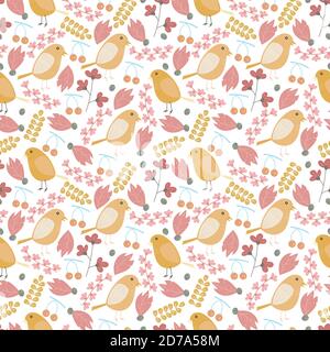 Whimsical plants, berries and birds seamless pattern design Stock Vector