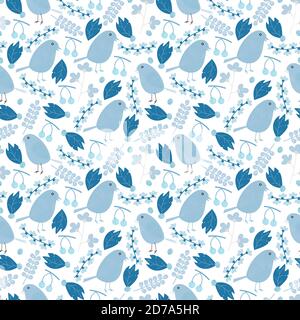 Whimsical plants, berries and birds seamless pattern design Stock Vector