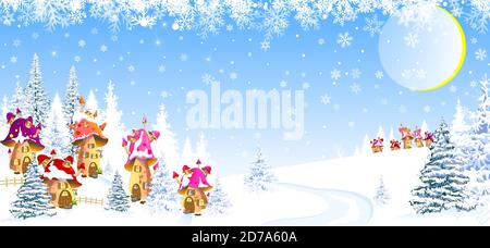 Village of cartoon mushroom houses in a winter snowy forest. Stock Vector