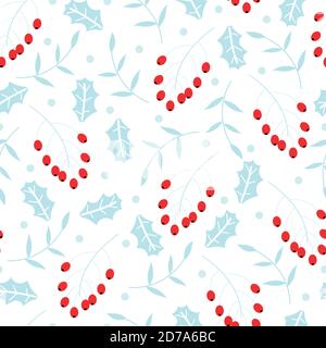 Christmas leaves and berries seamless pattern Stock Vector
