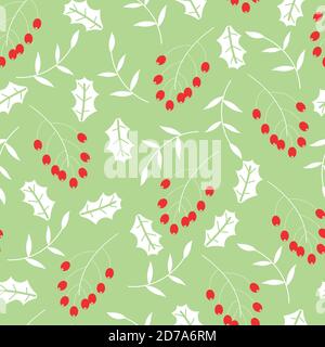 Christmas leaves and berries seamless pattern Stock Vector