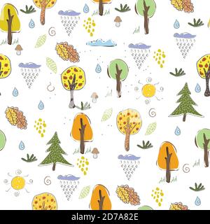 Cute Winter Icon with trees and clouds. Hand Drawn Scandinavian Style. Vector Illustration Stock Vector