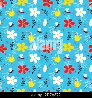 Bees, Butterflies and flowers seamless pattern Stock Vector