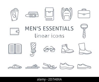 Men accessories and shoes flat line vector icons. Simple linear symbols of male essentials. Online shop main categories. Outline infographic elements. Stock Vector