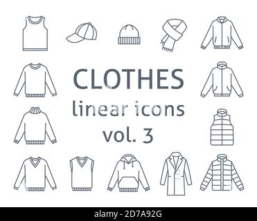 Men clothes flat line vector icons. Simple linear symbols of male basic garments. Main categories for online shop. Outline infographic elements. Conto Stock Vector