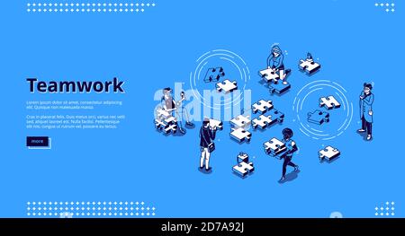 Teamwork isometric landing page. Business people team assembling separated puzzle pieces. Cooperation, partnership, creative collaboration of coworking colleagues concept 3d vector line art web banner Stock Vector