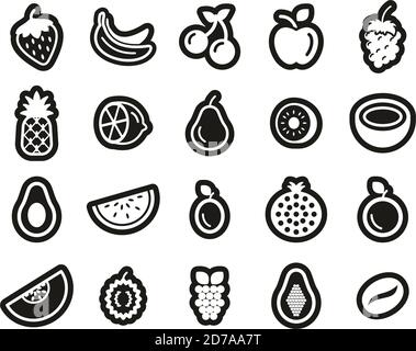 Fruit Or Fruits Icon White On Black Sticker Set Big Stock Vector