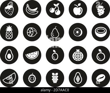 Fruit Or Fruits Icon White On Black Flat Design Circle Set Big Stock Vector