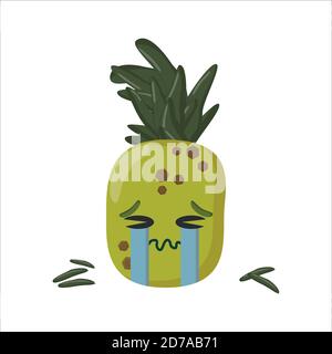 pineapple crying unhappy green cartoon character isolated on white background Stock Vector