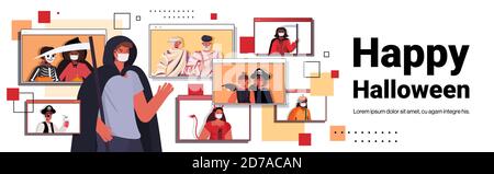 happy halloween holiday celebration concept mix race people in costumes discussing with friends during video call online communication self isolation web brwoser windows horizontal portrait vector illustration Stock Vector