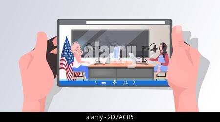 podcasters on tablet screen talking to microphones recording podcast in radio studio podcasting concept women couple discussing during meeting horizontal vector illustration Stock Vector