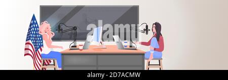podcasters talking to microphones recording podcast in radio studio podcasting concept women couple discussing during meeting horizontal full length vector illustration Stock Vector